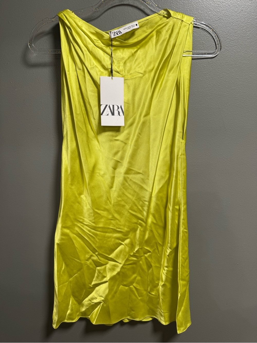 Zara Neon Lime Satin Cowl Neck Dress NWT XS